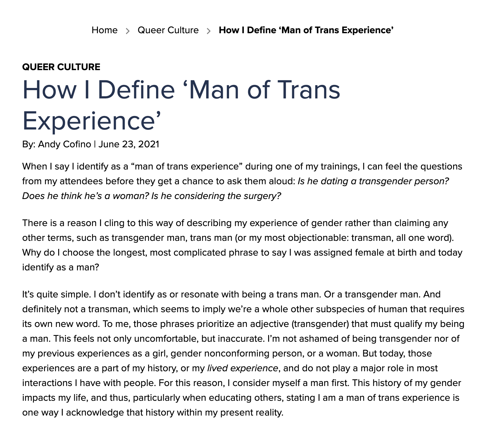 District of Columbia Health: How I Define ‘Man of Trans Experience’