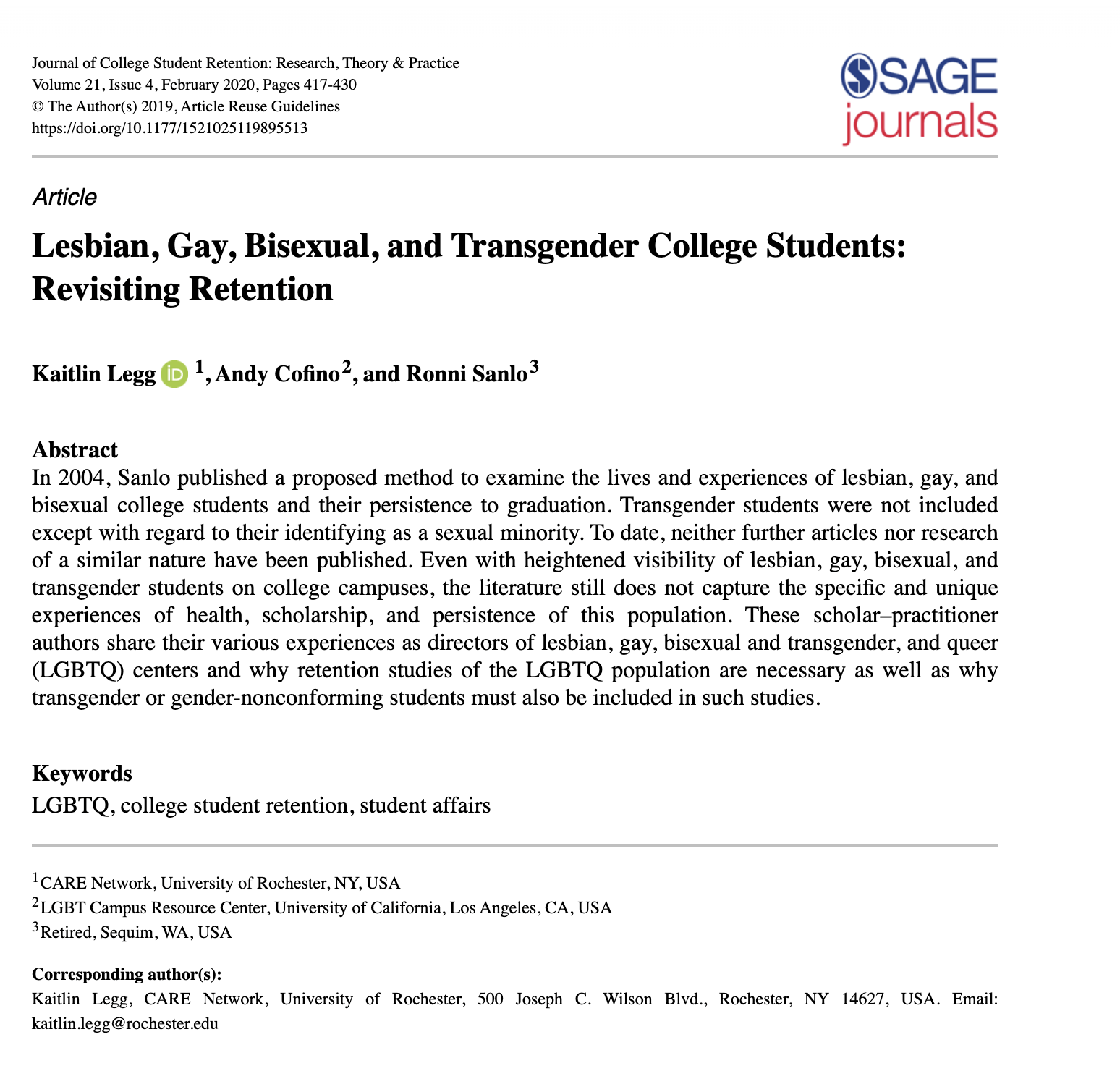 Journal Article – Lesbian, Gay, Bisexual, and Transgender College Students: Revisiting Retention